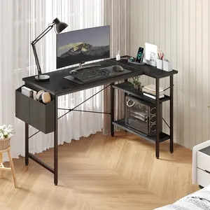 39 inch Gaming Computer Desk with Power Outlet & LED Strip, Reversible Storage Shelves for Home Office