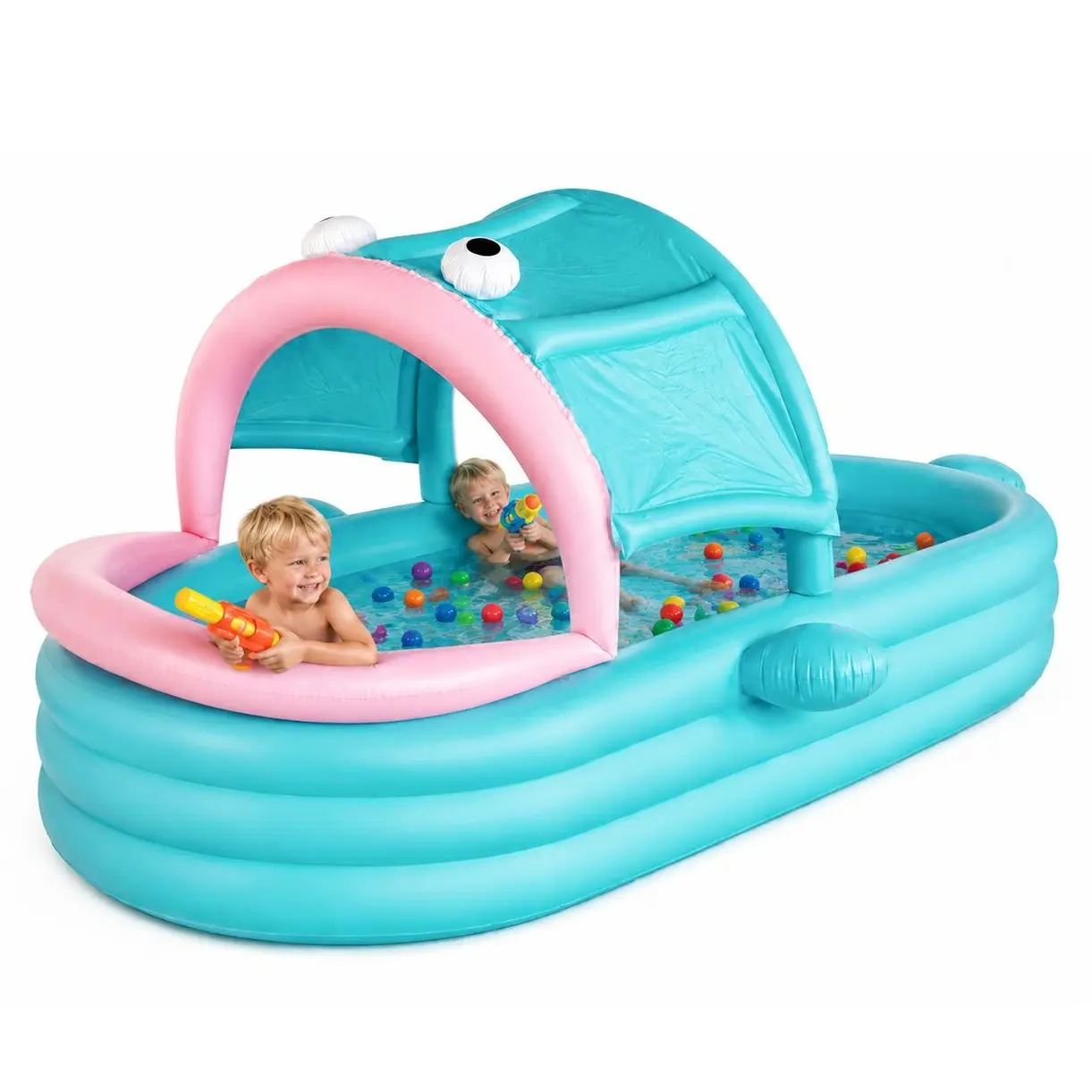 Inflatable Kiddie Pool with Canopy, Giant Fish Blow Up Pool for Kids Toddlers Adults, Thickened PVC Family Pool, 3 Air Chambers, 123.6"x88.6"x21.7" Backyard Summer Splash,garden tub
