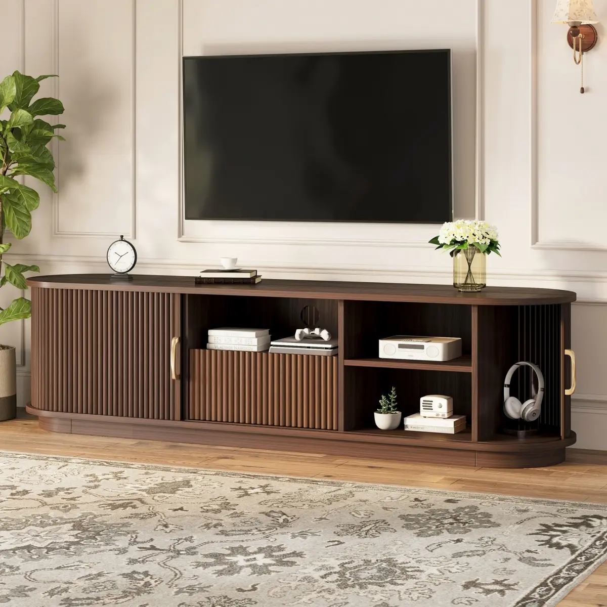 YAOSHANSHAN Vintage Rustic TV Stand - Farmhouse Look Wood Grain Media Console with Sliding Doors, Fluted Design, Drawer & Cable Management, Fits TVs Up to 75", for Living Room, Bedroom (Walnut)
