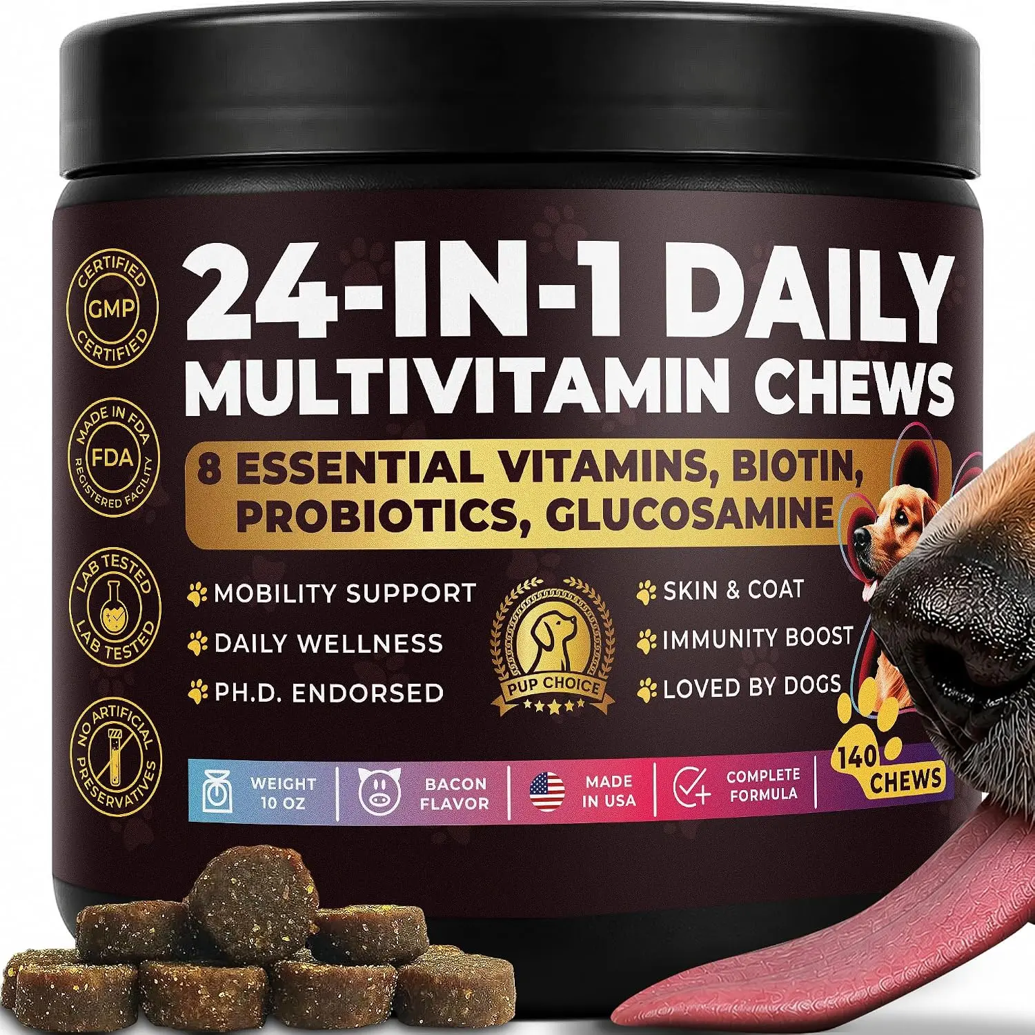 24-in-1 Complete Multivitamin Treats for Dogs - PhD Endorsed 8 Vitamins, Biotin, Probiotics, Glucosamine - Daily Wellness, Immunity, Skin & Coat, Mobility 140 Treats - Bacon Flavor - Made in USA
