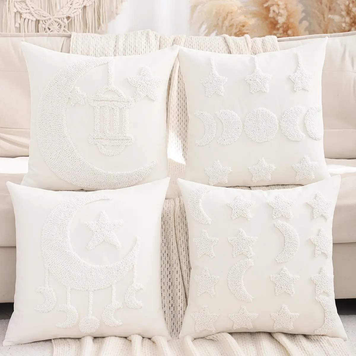 1Pc Ramadan Pillow Cover New Moon Star Lantern Embroidered Canvas, Islamic Muslim Living Room Sofa Decoration, Eid Gift