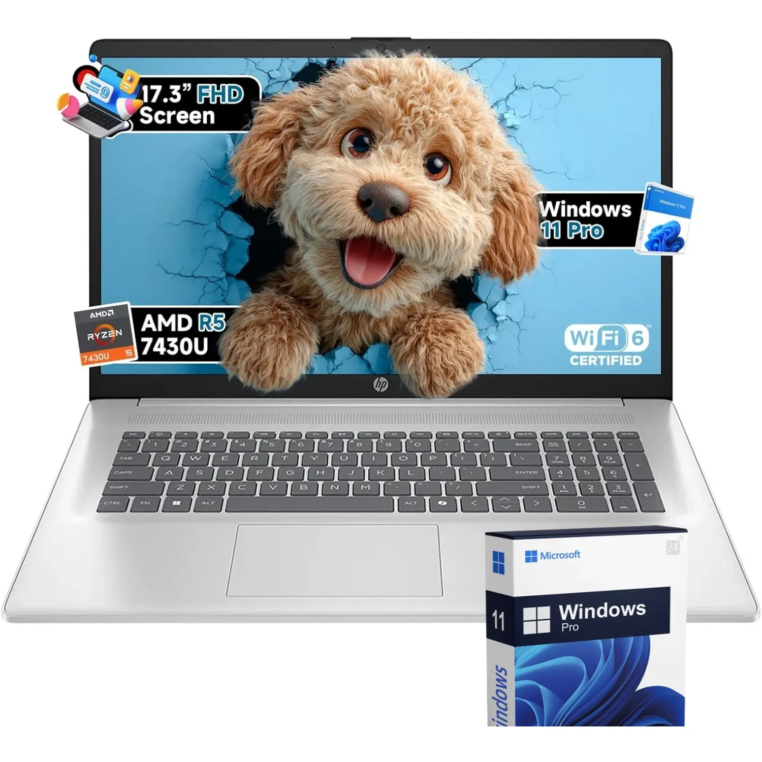 HP 17.3" FHD Anti-Glare Work Laptop, AMD Ryzen 5 7430U, Up to 32GB RAM, 512GB SSD, Windows 11 Pro, Wi-Fi 6, Numeric Keyboard, Student Office Laptop, Hd Display Laptops