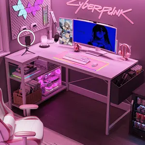 【SAVES YOUR SPACE】Raybee Furniture L Shaped Gaming Desk for small spaces, Computer Desktop with Power Outlets,USB,Reversible Corner Table, Side Shelves Bag for Home Office Use and Space-saving