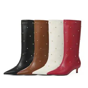VIMISAOI Kitten Heels Boots for Women Pointed Toe Kitten Heel Studded Tall Booties Fashion Trendy Long Western Boots For Women
