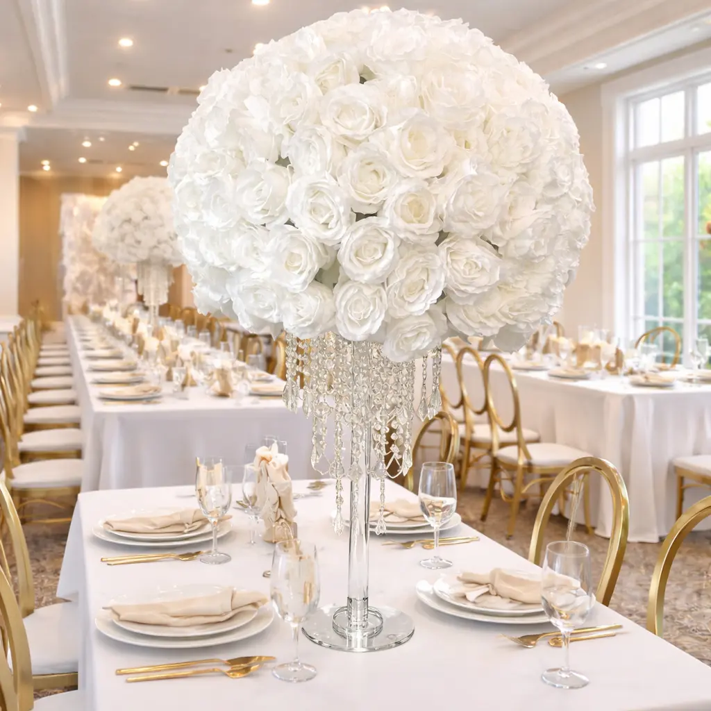 SET OF 2 23.6"x 17.7" White Artificial Silk Rose Ball Decor Lightweight Peonies Bouquet for Home & Event Decor