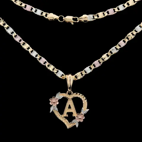 Unisex Personalized Gold Pendant Initial Necklace - 3-Tone Gold-Plated Heart Charm, 20/24-inch Chain, All Initial Options, Jewelry for Women, Romantic Gifts for Girlfriend