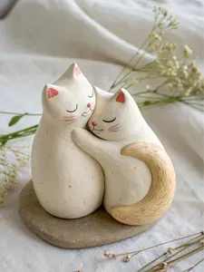 Handmade Cat Couple Figurine, Air Dry Clay Cat Sculpture, Cute Cat Lover Gift, Anniversary Decor, Romantic Home Ornament