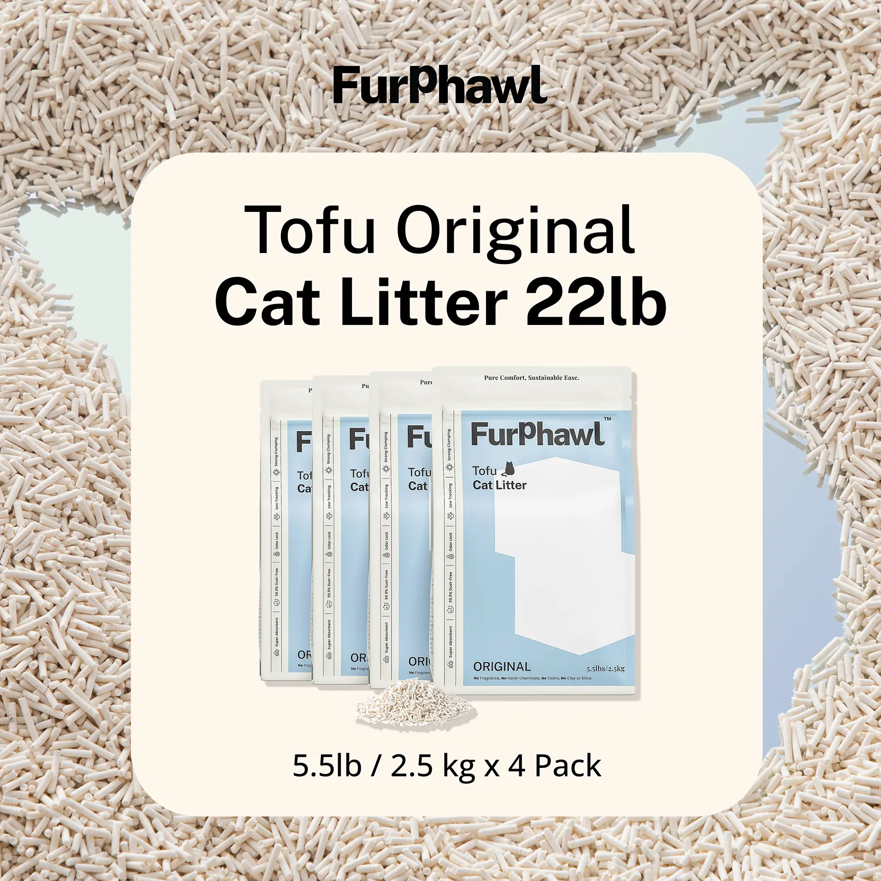 FurPhawl Tofu Cat Litter - Clumping, No-Mess, Odor Neutralizing, Low Tracking, Low Dust, 100% Natural, Flushable, Lightweight Pet Litter, Clumping Litter, No-Mess Litter