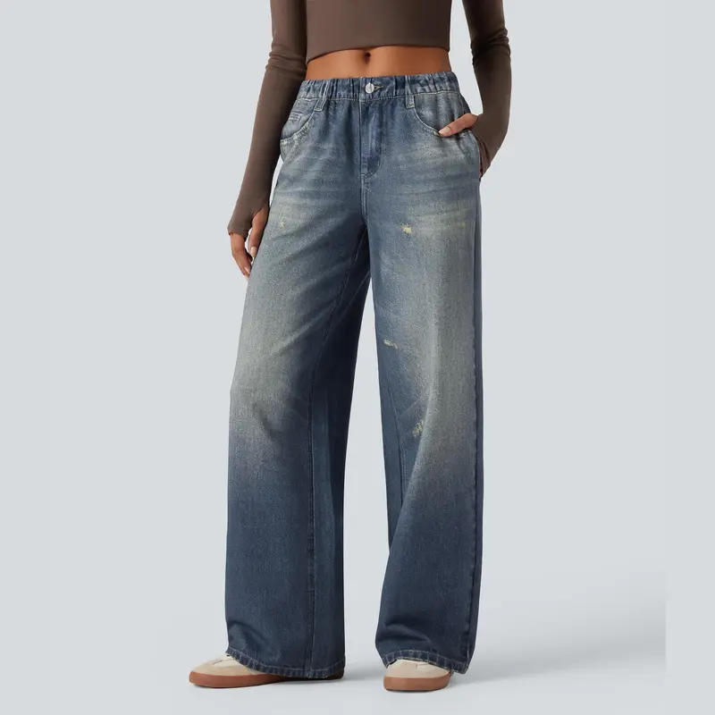 Halara Mid Rise Denim Print French Terry Casual Sweatpants Jeans with Pockets