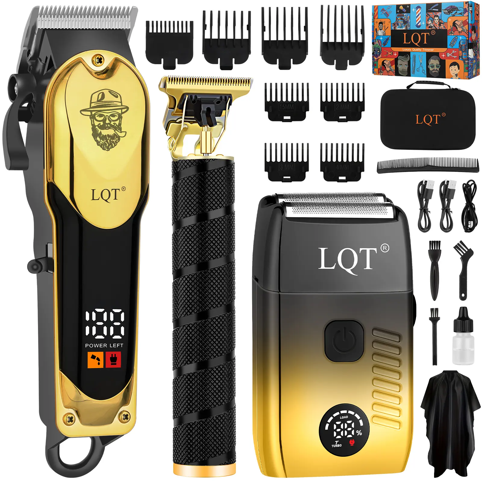 LQT Black & Gold Gradient 3-in-1 Professional Men's Barber Kit - Hair Clippers for Home Haircut, Carving, Full-Beard Shaving, Body Hair Trimming, Charging Reminder, LED Display, Colorful Gift Box for Christmas, Valentine’s Day, Birthdays