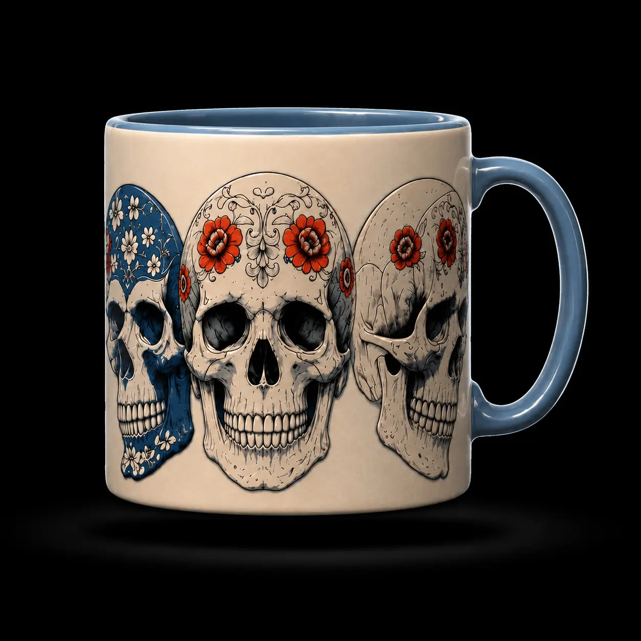 Sugar Skull Trio Mug | Day of the Dead Floral Skull Ceramic Mug