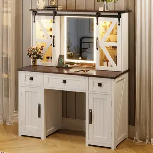 Aobtkel® 43.3" Farmhouse Tabletop Makeup Vanity Desk with Lighted Mirror, Charging Station, Sliding Barn Door Hidden Shelves, 3 Drawers & 4 Cabinets, Beige, Tabletop Makeup Vanities