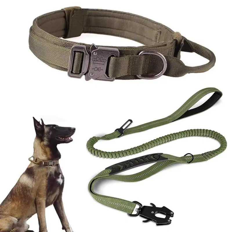 Adjustable Tactical Dog Collar and Leash, Suitable for Medium to Large Dogs, Metal Snake Buckle, Stretch Webbing, Anti-Explosion Walking Set