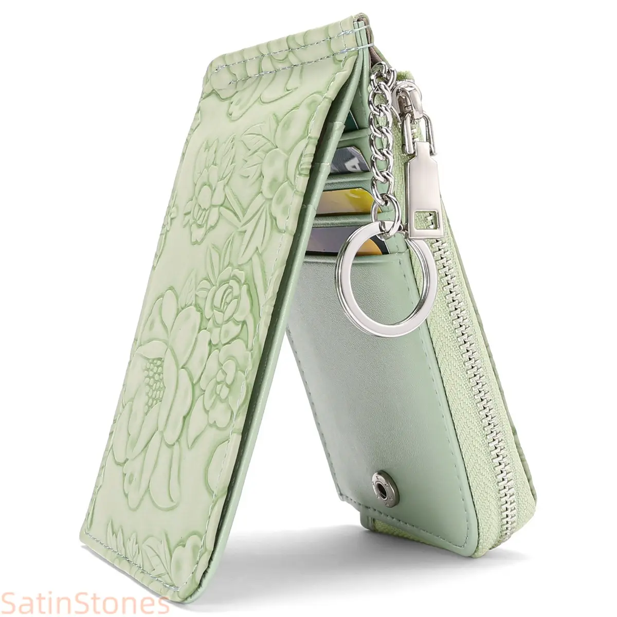 Women's Embossed Print Business Card Holder Wallet - Casual Anti-Theft Zipper Organizer with Keyring Clip, ID Pocket, Card Storage, Zippered Slots, Business Card Holder For Purse