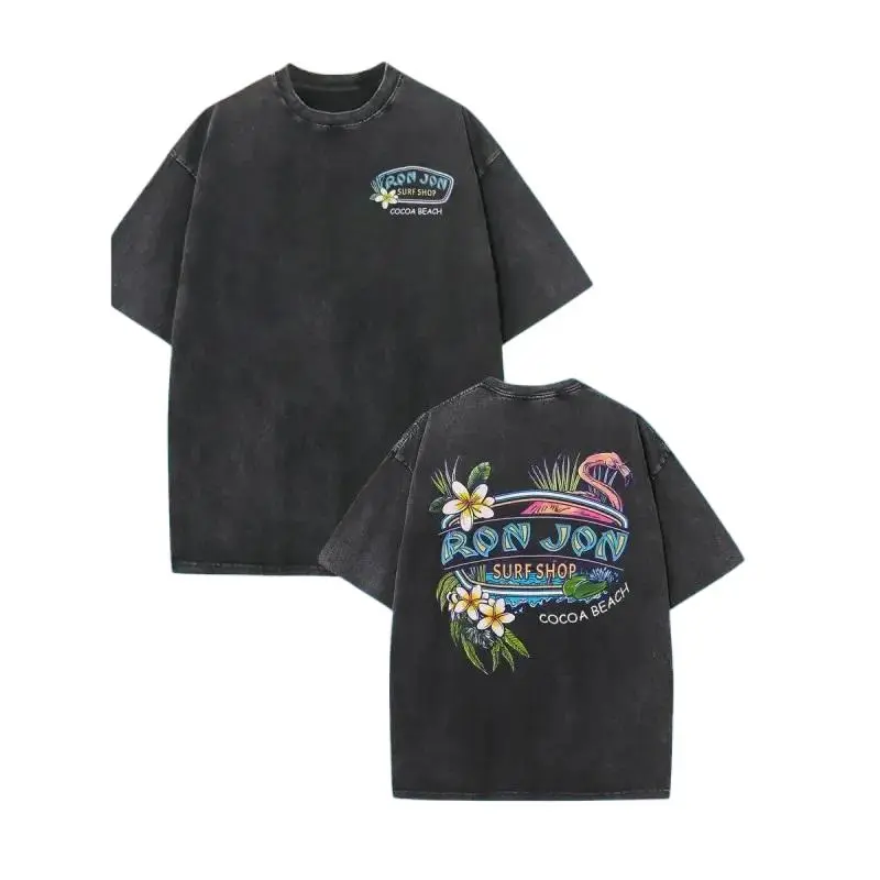 Women's 230g Heavyweight Vintage Washed Cotton Seamless Aesthetic Apparel Short-Sleeve T-Shirt - Tropical Flamingo & Surfboard Graphic Print, Dual-Sided Beach Carnival Design, Loose Crew Neck, Day Beachwear for Summer Surfing, Parties (Machine Washable)