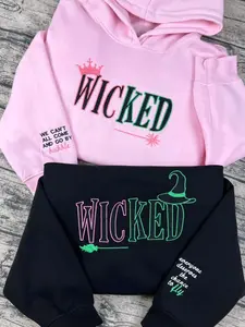 Wicked Glitter Embroidered Sweatshirt, Elphaba & Glinda Embroidery On Sleeve Hoodie, Wicked Musical Movie Fan Halloween Gift lo
