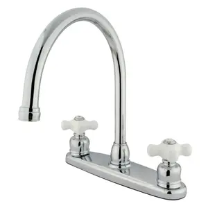 Kingston Brass  Gooseneck Kitchen Faucet with Porcelain Cross Handle, Chrome