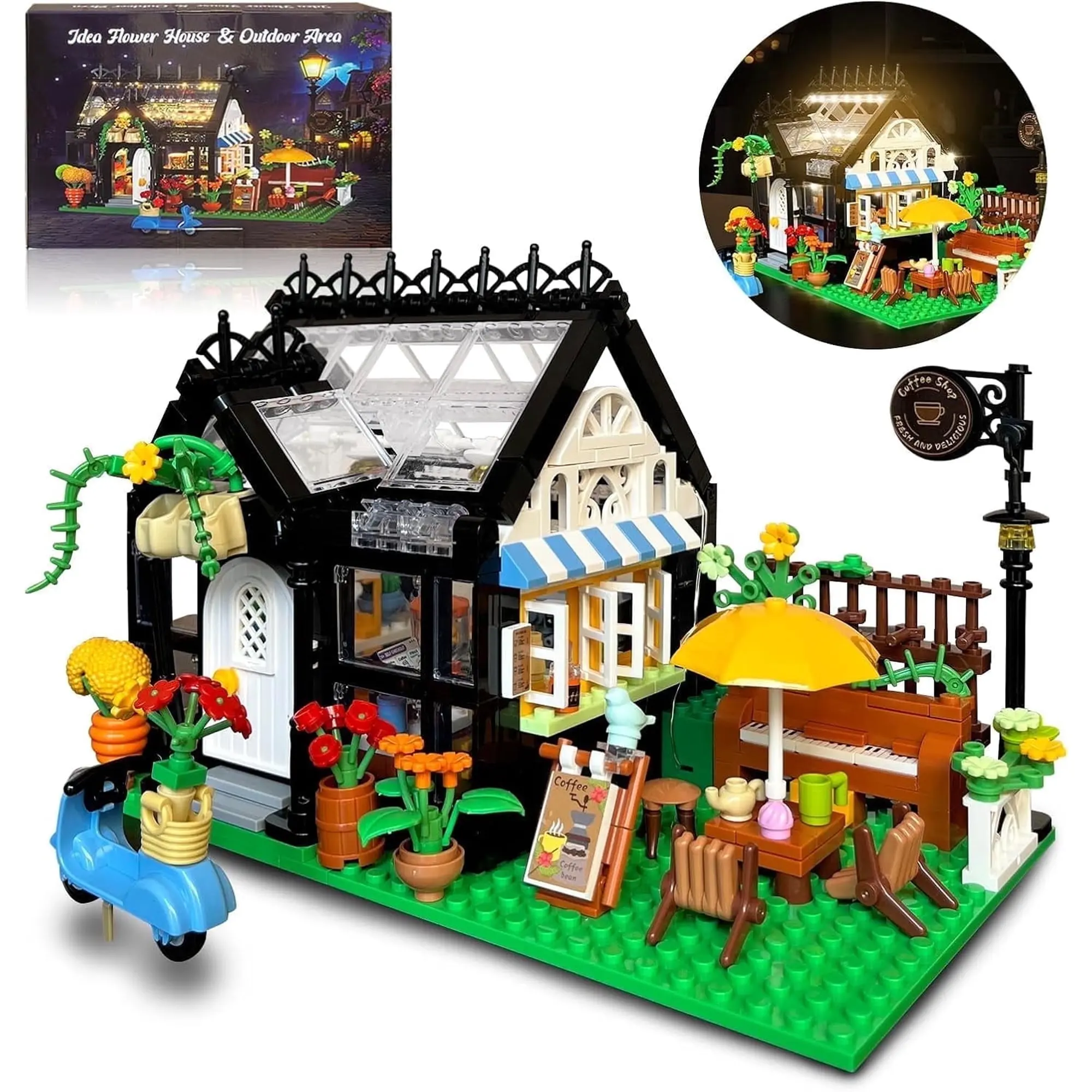475-Piece LED Lights Building Blocks Flower House Set, DIY Greenhouse Model Toy for Open-Ended Play, Crafting with Kids Gift for Girls