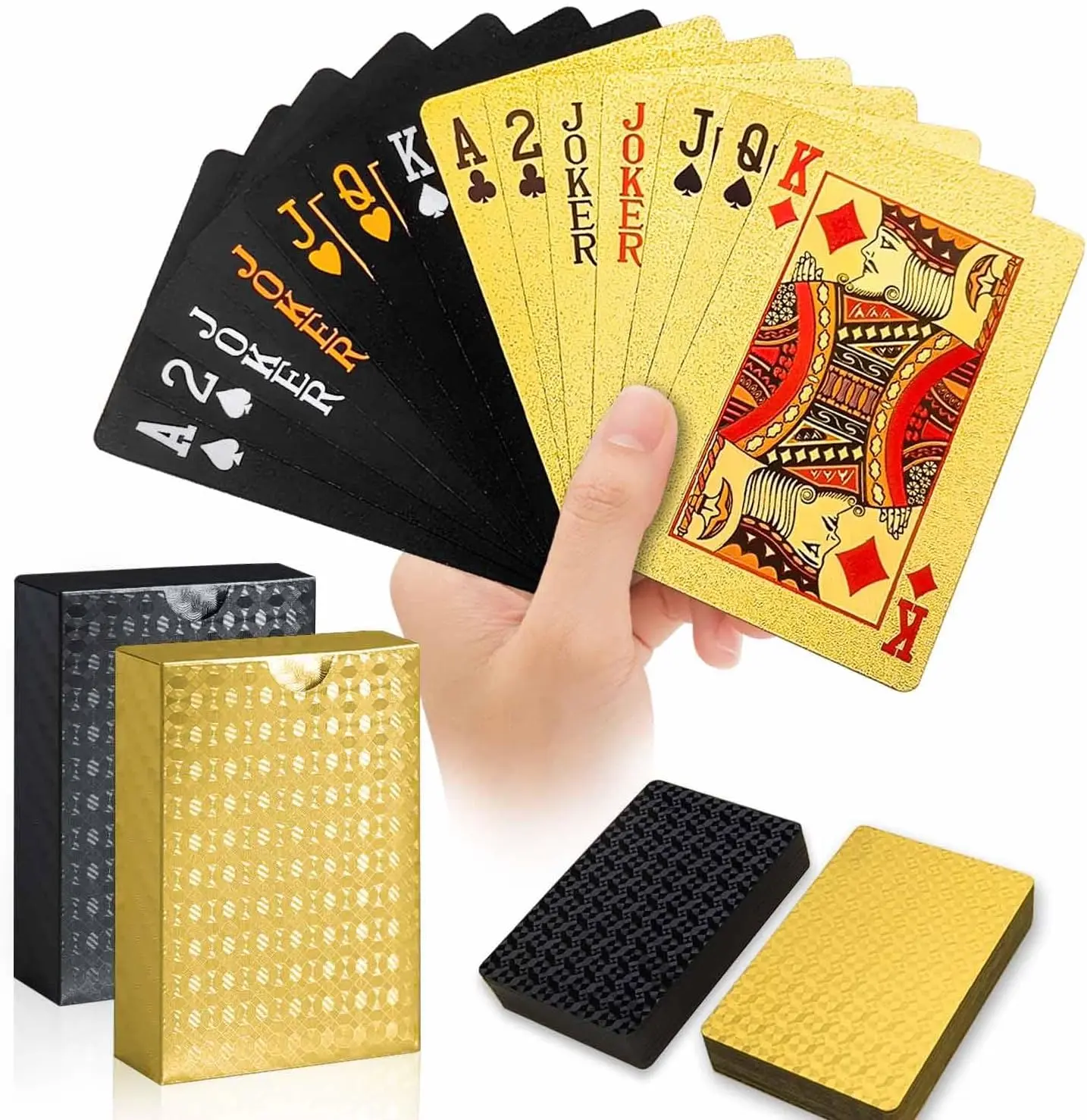 Deck Plastic Playing Cards (2-Pack) - Durable, Waterproof, Fade-Proof, Scratch-Resistant, Gold & Black Diamond Texture, Premium Feel, Comfortable Grip, Easy to Store, Elegant Packaging, for Beach, BBQ Games, Family Parties, Full Poker Set