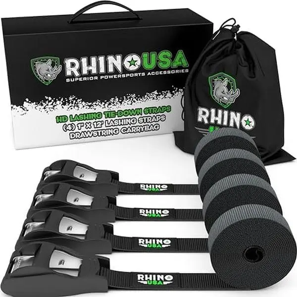 USA Lashing Straps Cargo Tie Downs (4PK) - 1,320lb Max Break Strength with Heavy Duty 1in x 12ft Cam Buckle Pull Straps, Best for Kayak, Cooler, Cargo, International Warranty Included
