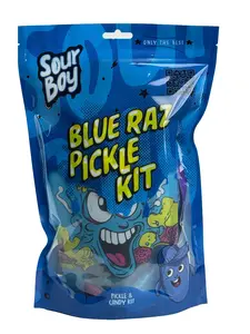 Sourboy Blue Raspberry Pickle Kit Sweet Tangy Savory Candy Snack Bag with Blue Raspberry Gushers & Syrup for Unique Flavor Experience