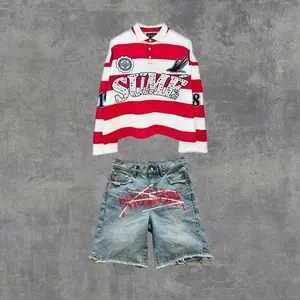 2PcsShirtsCo-ordsSumeRugbyEmbroideryStripePoloShirtY2KRetroClassicUnisexOversizedLongSleevedShirtsSetsMenswearClothes