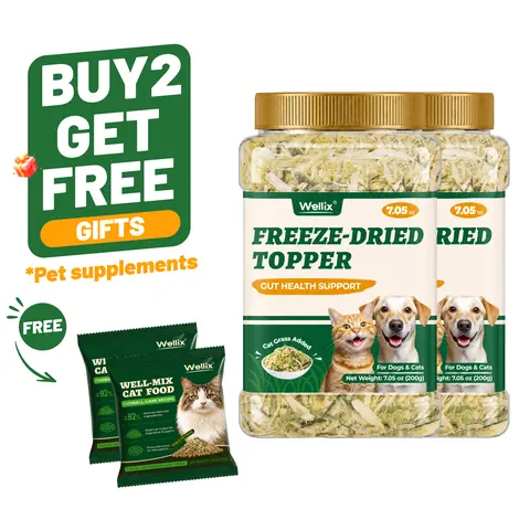Wellix Freeze Dried Cat Grass Food Topper For Dogs & Cats, Chicken, Cat Grass, Egg Yolk Flavor Supports Hairball Removal Tasty Meal Topper 7.5 OZ #sohochic