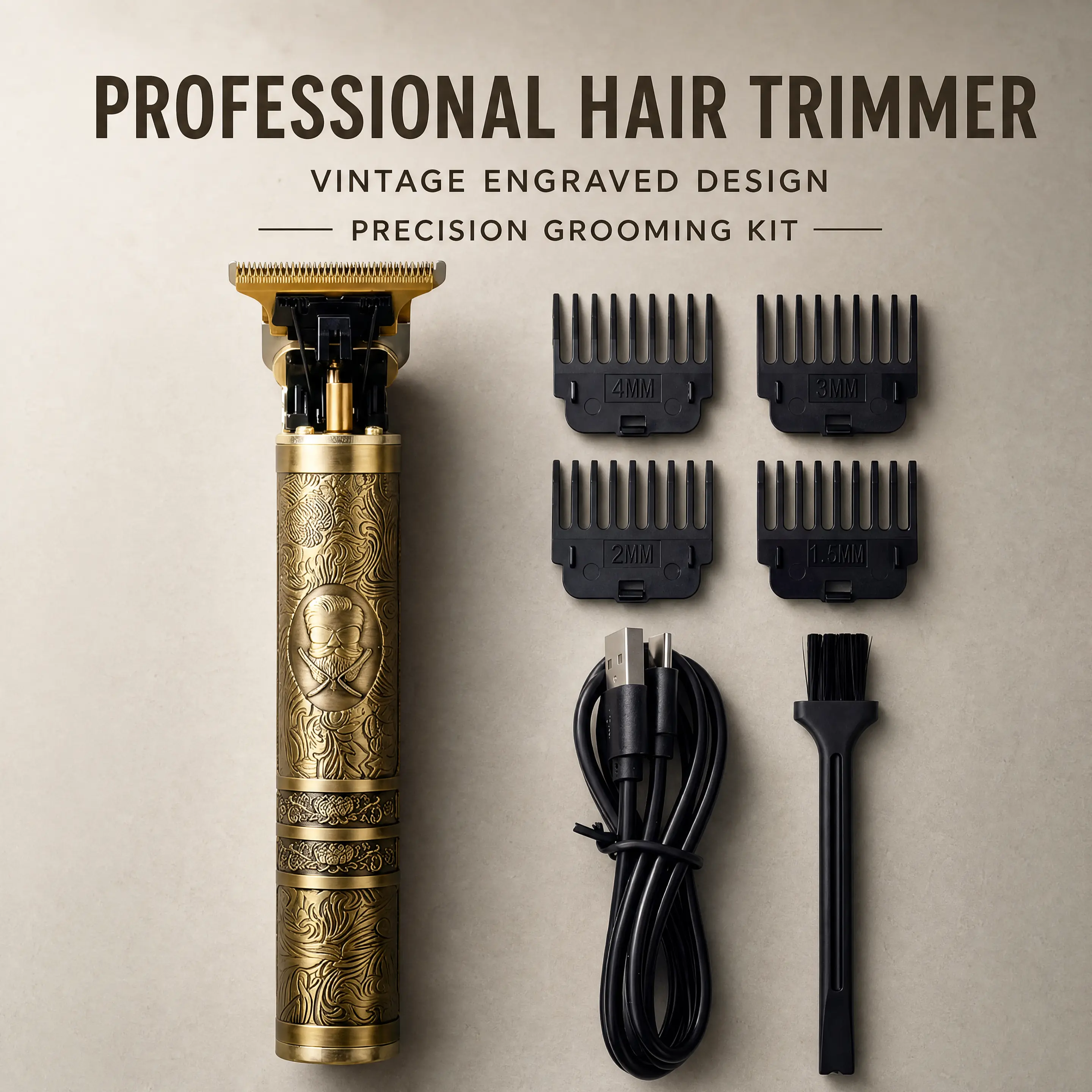 Vintage Gold Carved Professional Electric Hair Clipper - Barber Equipment, Compact Space-Saving Design, Exquisite Carving Style, Men's Holiday Gift, Home Use