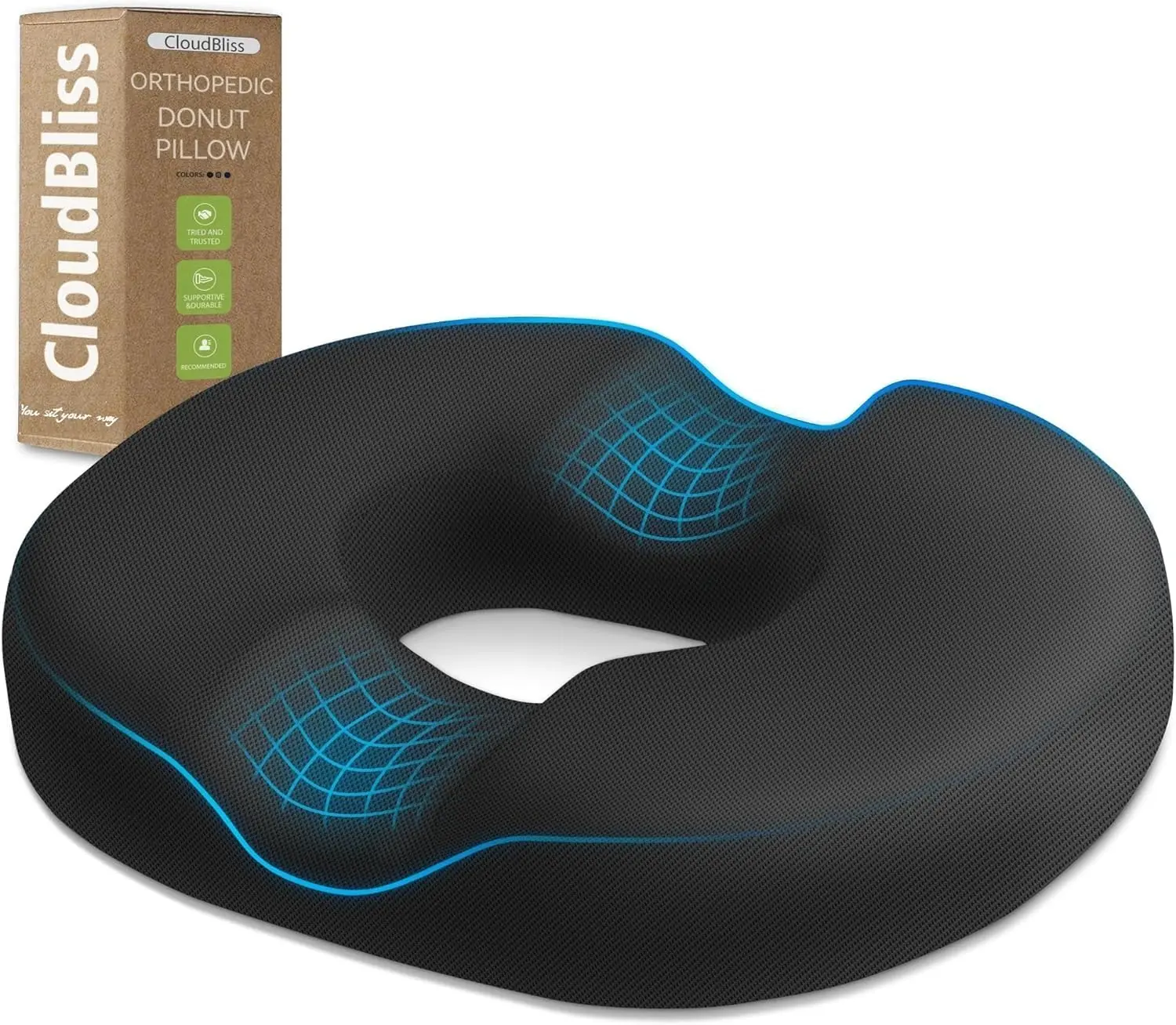 Donut Pillow Stadium Seat Cushion for Tailbone Pain Relief and Hemorrhoids, Memory Foam Seat Chair Cushion, Portable Seat Cushions for Bleachers, Car, Home & Office CloudBliss