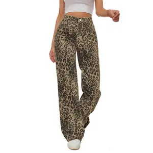 Renaishow Women's High Waist Wide Leg Leopard Print Boyfriend Style Stretch Denim Trousers All Seasons Fashion Jeans