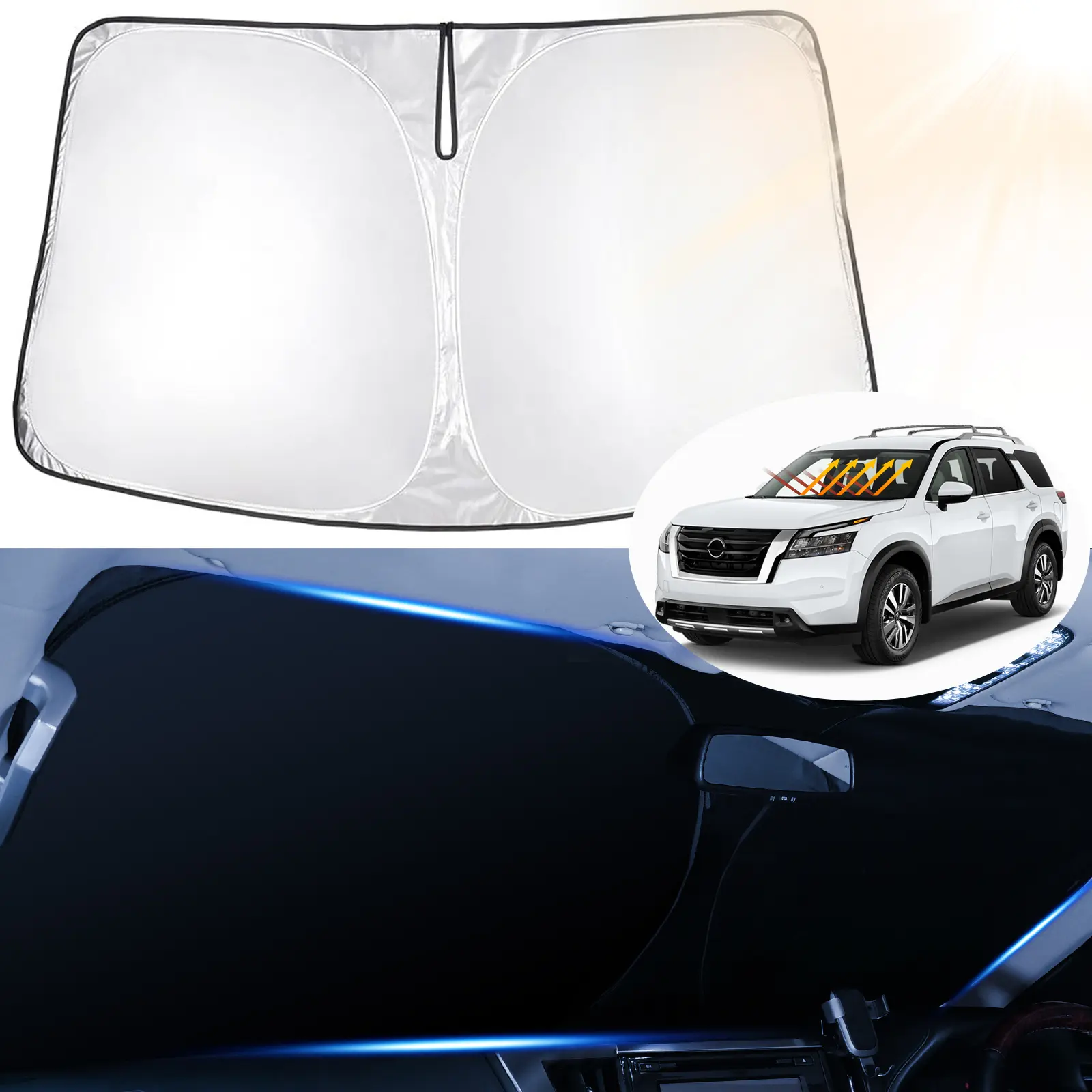 Canvcle Exterior Windscreen Sunshade for Nissan Pathfinder 2022-2026, 5-Layer 240T Reflective Polyester Foldable Sunshade for Car Outside, Double Thermal Insulating Layers, UV Blocking Front Window Visor, Easy Installation & Storage Car Accessory
