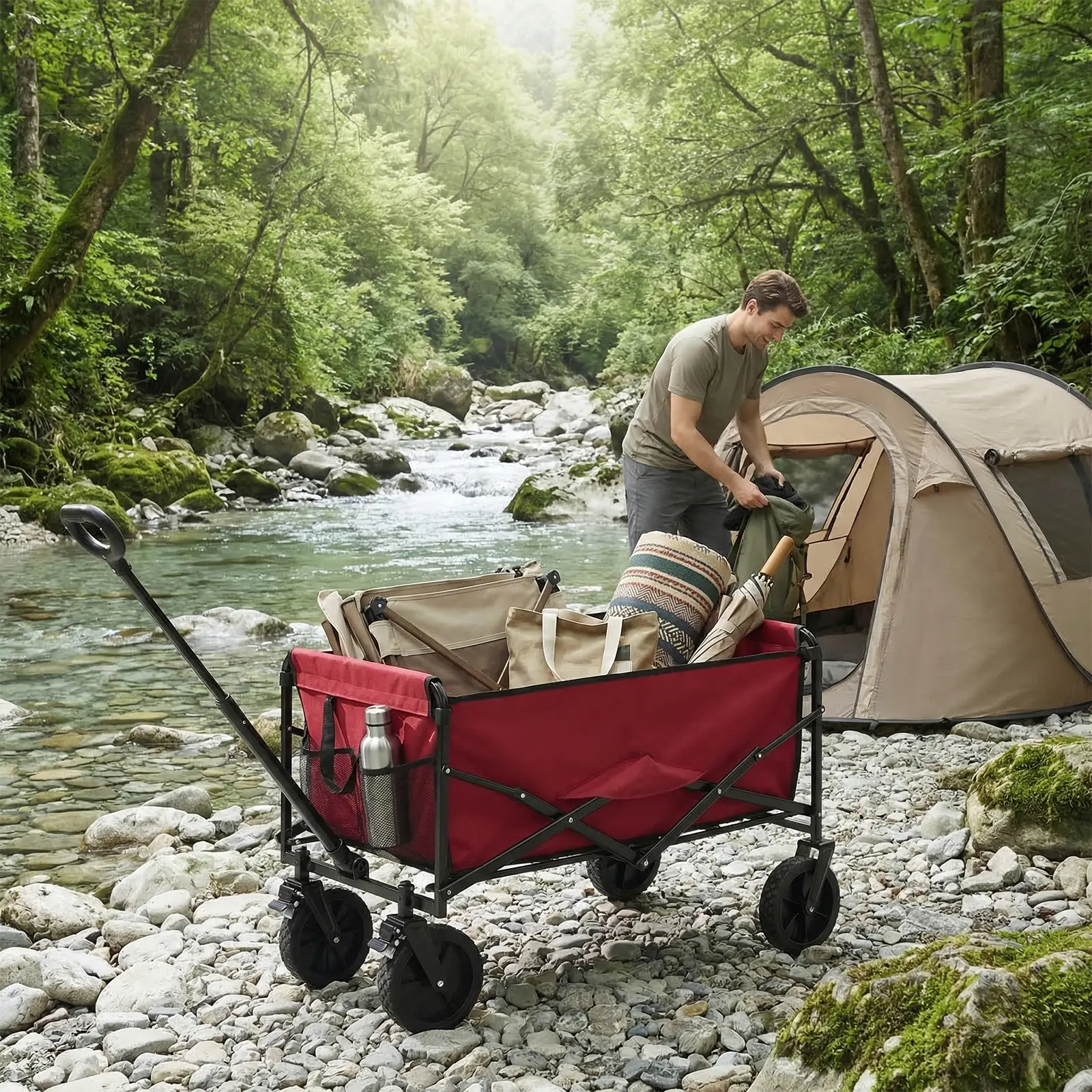 Collapsible Folding Wagon - 220 lbs Heavy-Duty All-Terrain Wheels Trolley, Portable Foldable Shopping Cart for Outdoor Camping, Shopping Trolley