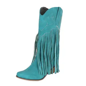 Cowboy Boots for Women EmbroideredPointy Toe Mid Calf Chunky Heel Western CowgirlBoots Fashion Pull-on Comfort Botas