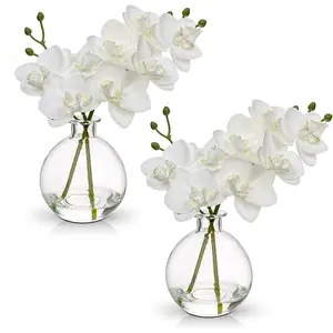 Artificial White Phalaenopsis Orchid Arrangement with Clear Glass Vase Set of 2 Real Touch Ideal for Dining Room Table Decor