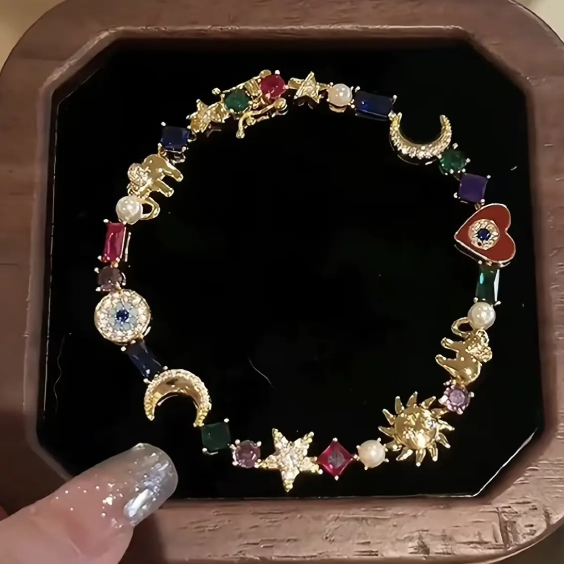 Multi-Element Blessing Treasure Gold Bracelet - Demon’s Eye, Star/Moon/Sun, Motif Mix - Adjustable Costume Jewelry for Spirituality Enthusiasts, Everyday Wear