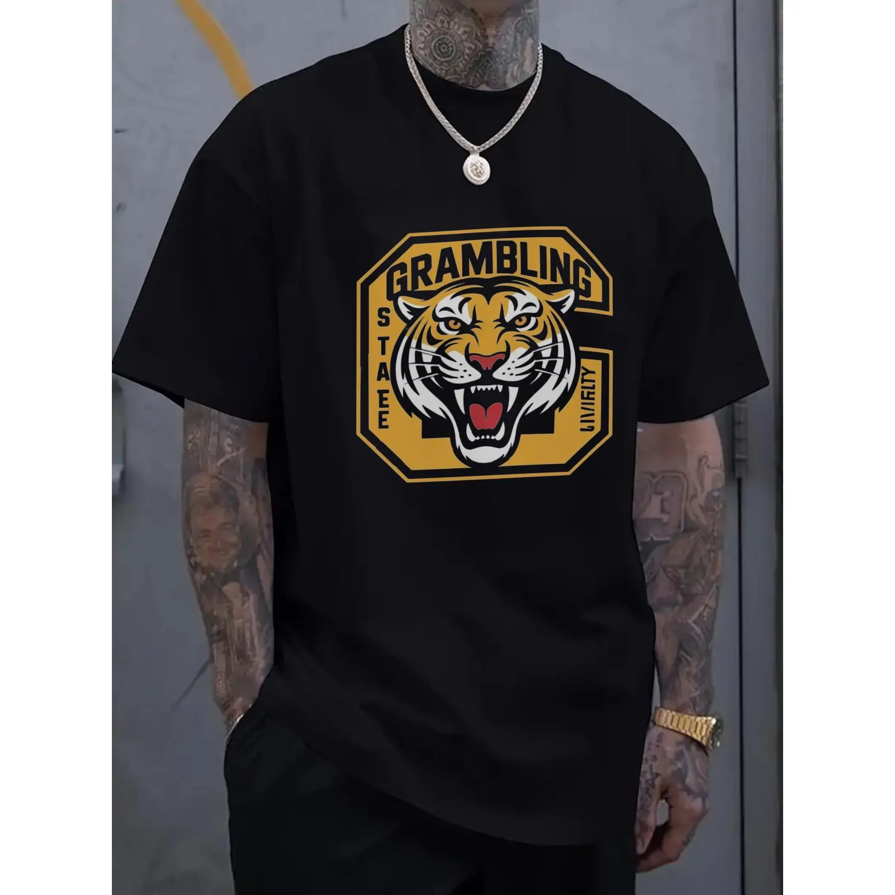 Grambling State Tigers Logo Men's Casual Short-Sleeve T-Shirt - White, Menswear Basic Comfy Undershirt, Orange & Yellow Geometric Tiger Graphic, Lightweight Summer Tee, Regular Fit Round Neck, Machine Washable