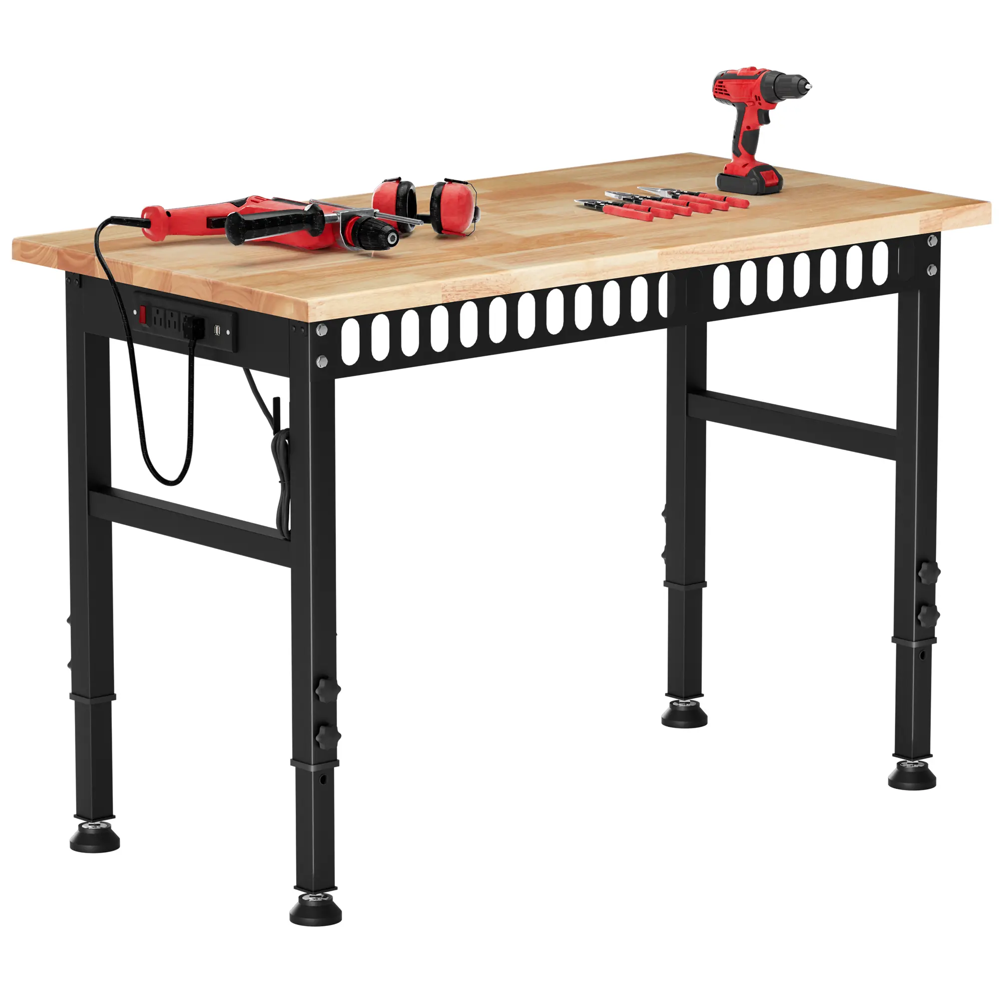 Commercial-Grade Rectangle Wood Workbench (48-in W x 24-in D) – Adjustable Height Desk with Power Outlets, 2 USB-A Ports, 2000 LBS Load Capacity, Quick Setup Utility Table (Assembly Required) for Garage, Workshop, Commercial-Grade Utility Tables, Durable
