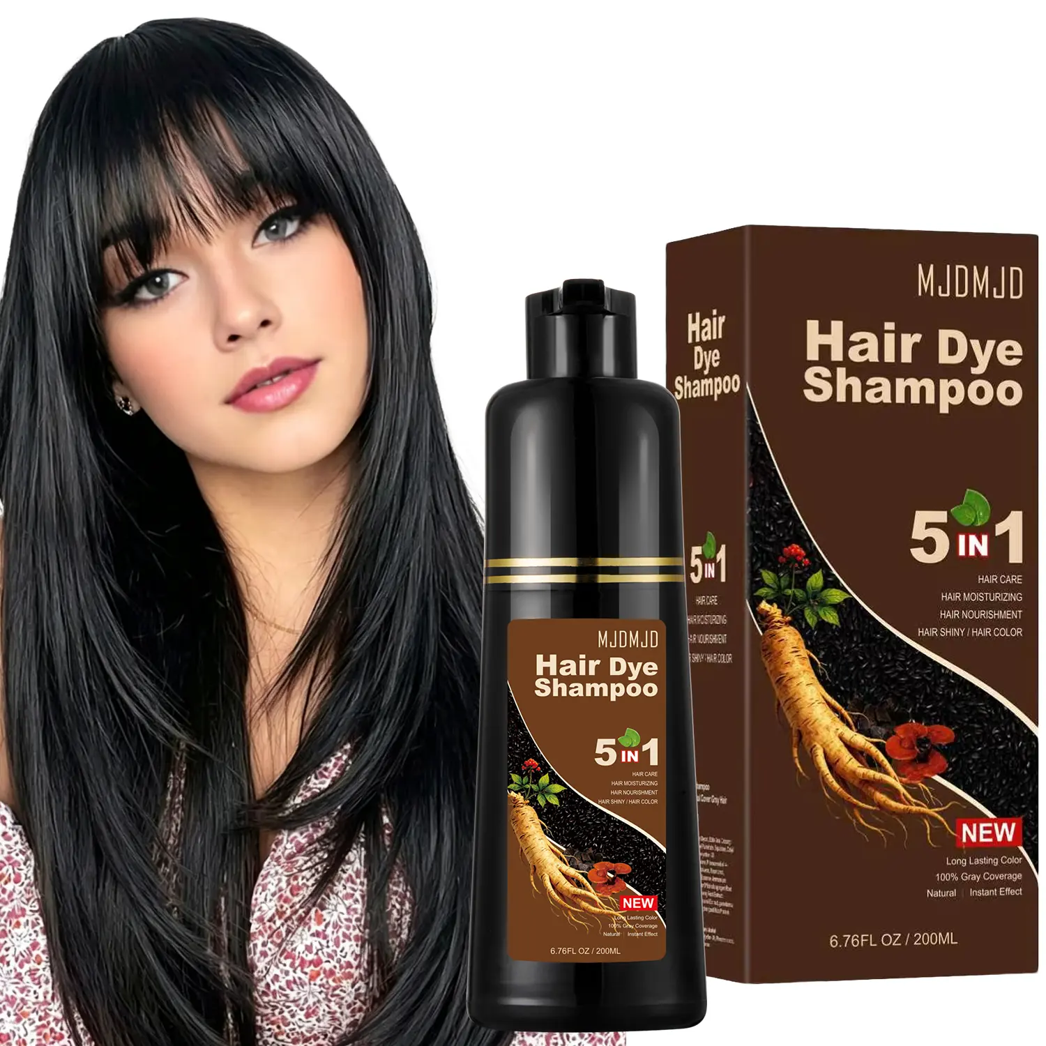 Black Hair Dye Shampoo 5-in-1, Natural Black Hair Color Shampoo for Gray Coverage, Hair Dye, Shampoo & Conditioner, Long-Lasting Herbal Formula for Women & Men, 200ML