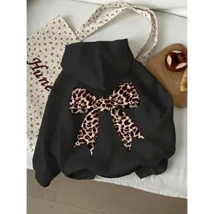 [Leopard Hooded Sweatshirt] Thick Leopard Print Hooded Sweatshirt | Tween Girls' Casual Long Sleeve Bow Design, Black Cartoon Pattern Pullover, Machine Washable Spring/Fall Regular Fit Top