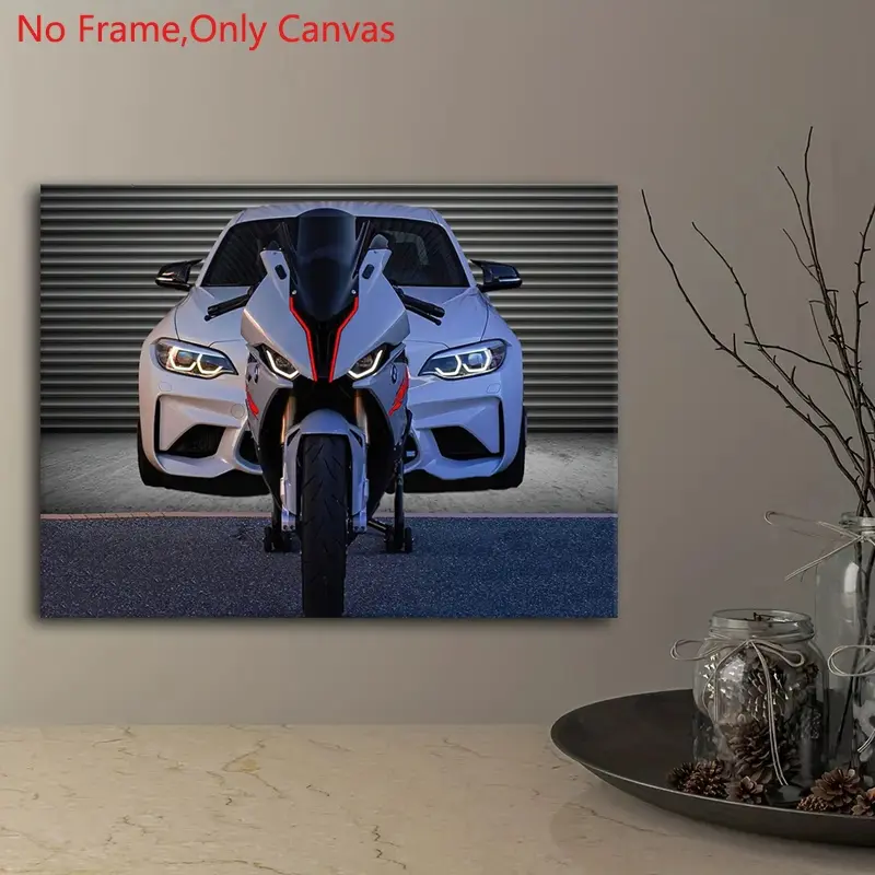 1 piece/set of frameless canvas print posters, Art prints, modern realistic art, white motorcycle S1000RR and sports car M2, perfect gift for motorbike culture enthusiasts, for bedroom, living room, wall decoration, Modern Home Decor