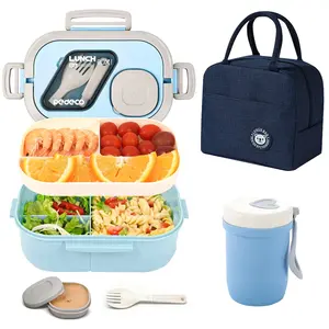 Food container, convenient lunch box, multiple color options, suitable for both hot and cold foods, featuring multiple compartments for rice and soup cups, lunch bag, fork, leak-proof food container, ideal for office, picnic, travel, and outdoor use