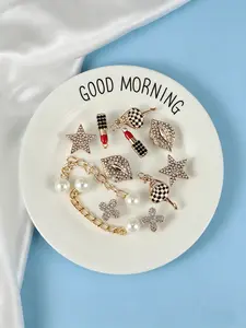 DIY 12PCS Bling Rhinestone Lipstick Lips Pearl Chain Croc Charms Set Detachable Trendy Clog Accessories for Women Fashion Shoe Decorations DIY Craft Gift Footwear