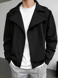 Men's Asymmetric Zipper Motorcycle Jacket, Notched Lapel Design, Casual Streetwear Top, Versatile Outerwear for Everyday Wear