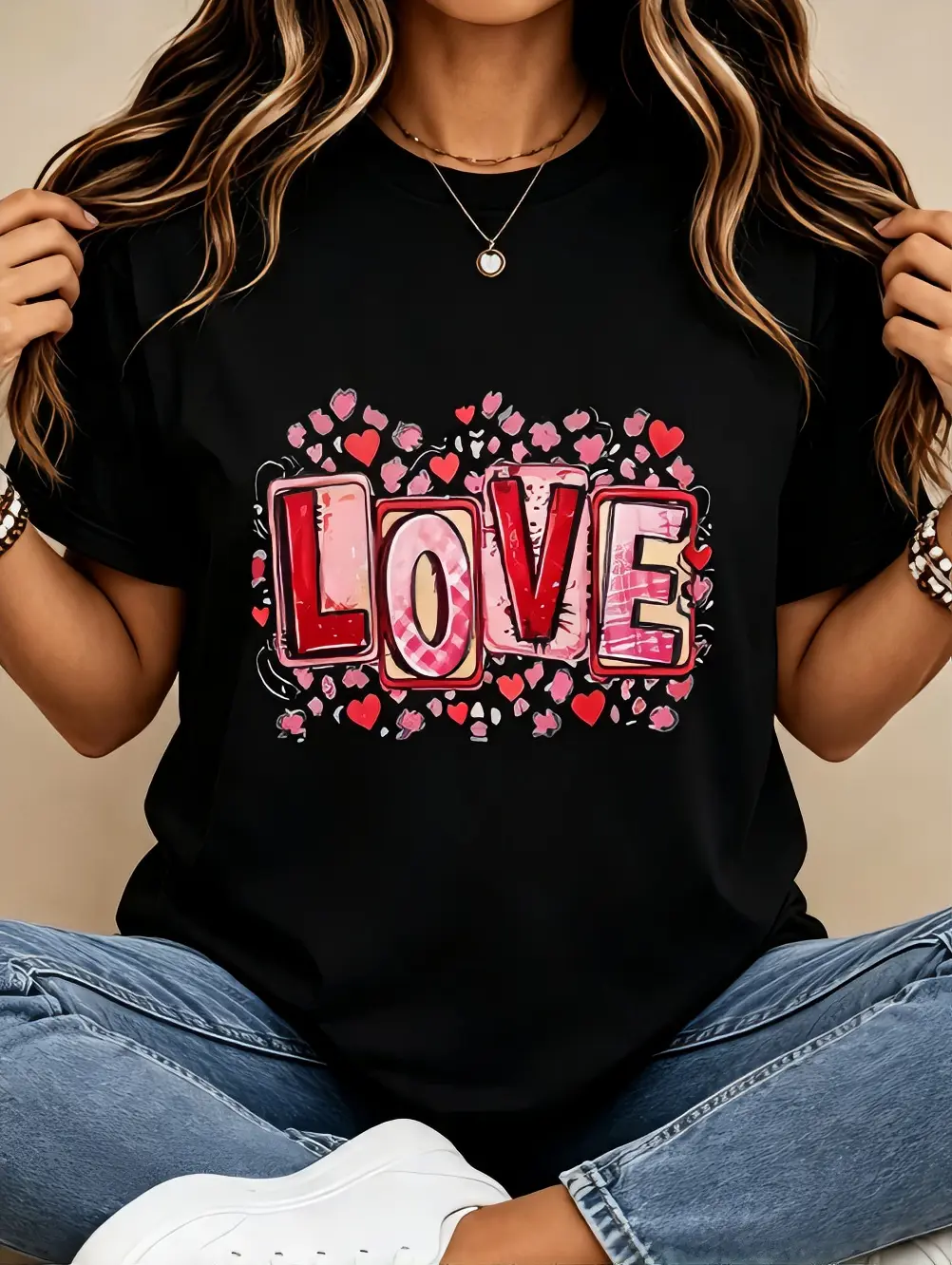 Love T-Shirt with Heart Design, Black Color, Short Sleeve, Casual Style, Perfect for Daily Wear