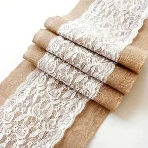 Vintage Lace Jute Table Runner 30x180 Cm, Wedding & Fall Table Decor, Farmhouse Style Rustic Charm Home Decoration for Birthdays & Parties