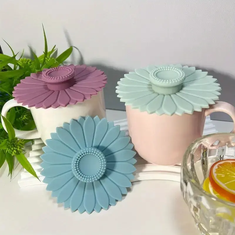 Sunflower Design Silicone Cup & Mug Lids, 3-Piece Set, Dustproof, Leak-Proof & Reusable Drinkware Covers for Tea & Coffee Cups, Durable Kitchen Accessories
