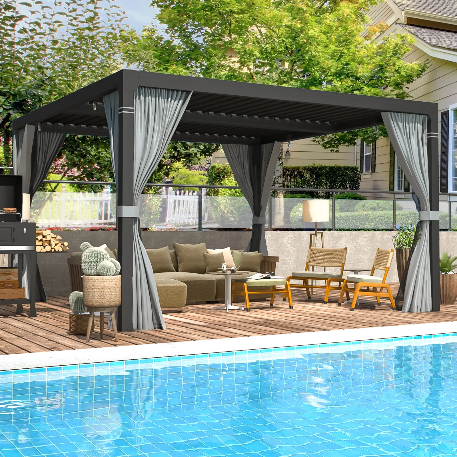EROMMY Louvered Pergola, Outdoor Hard Top Aluminum Frame Structure with Adjustable Metal Rainproof Roof, Adjustable Tilt Sunshade Canopy, Included Curtains & Netting, Gray-Black/White, for Garden & Patio, Adjustable Tilt Canopy