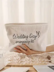 Bride Wedding Day Emergency Makeup Bag, Personalized Corduroy Cosmetic Pouch, Lightweight Zipper Storage, Foldable, Fashion Toiletry Bag, Travel Cosmetic Bag
