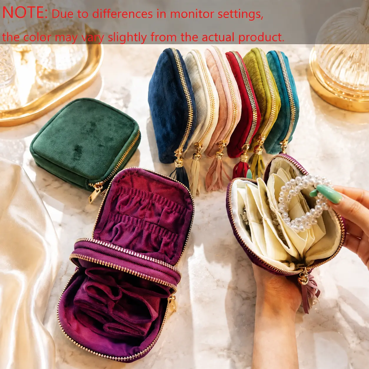 Velvet Travel Jewelry Organizer Bag - Multipurpose, Modern, Eco-Friendly Rectangle Compact-for-Carry-ons Zippered Pouch for Bracelets, Rings, Necklaces, Earrings (Multiple Colors)