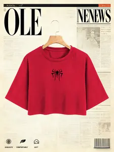 Women's Y2K Style Short Sleeve Round Neck Top, Spider Print Design, Loose Fit Casual Tee, Comfortable Breathable Fabric